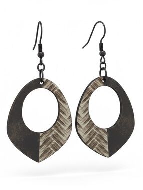 Open Teardrop Wood Pattern Earrings - Black and Cream